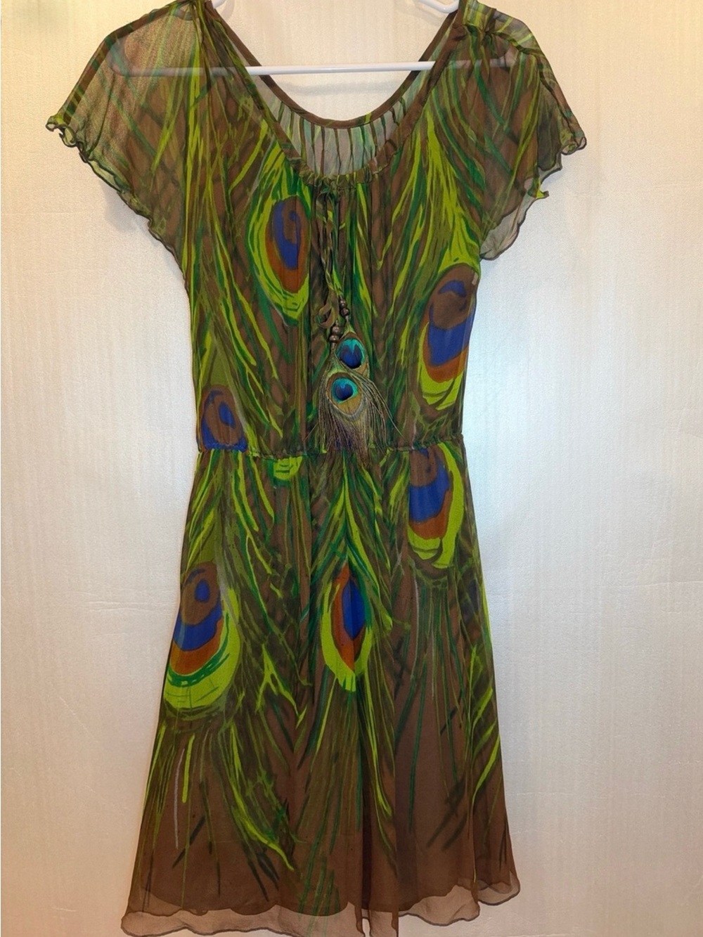 NWOT Sweetees Green Peacock Feather Print Sheer Midi Dress Size XS
